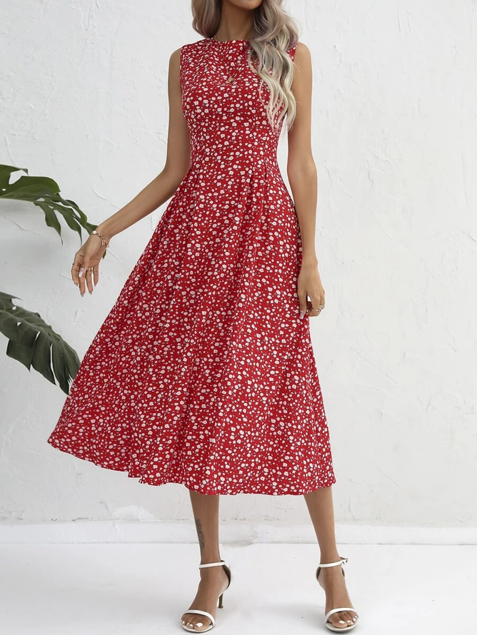 Crew Neck Loose Floral Elegant Ditsy Floral Print Sleeveless Dress