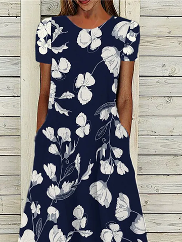 Round Neck Floral Casual Midi Dress
