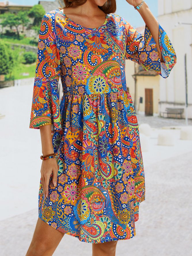 Floral Crew Neck Casual Short Sleeve Women Smock Dress