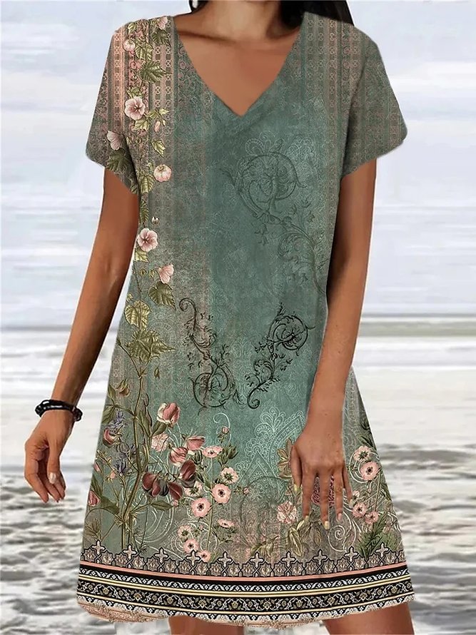 V Neck Ethnic Loose Vintage Summer Dress