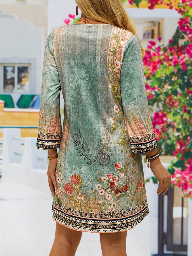 Floral Boho V Neck Loose Dress