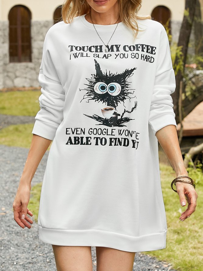 Cat And Coffee Crew Neck Casual Loose Dress
