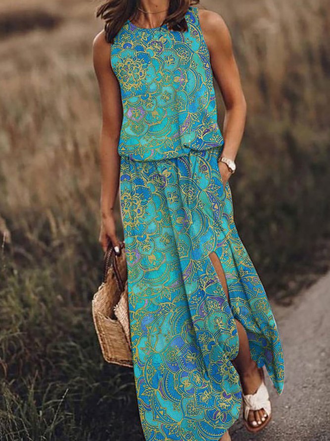 Tribal Crew Neck Sleeveless Woven Dress