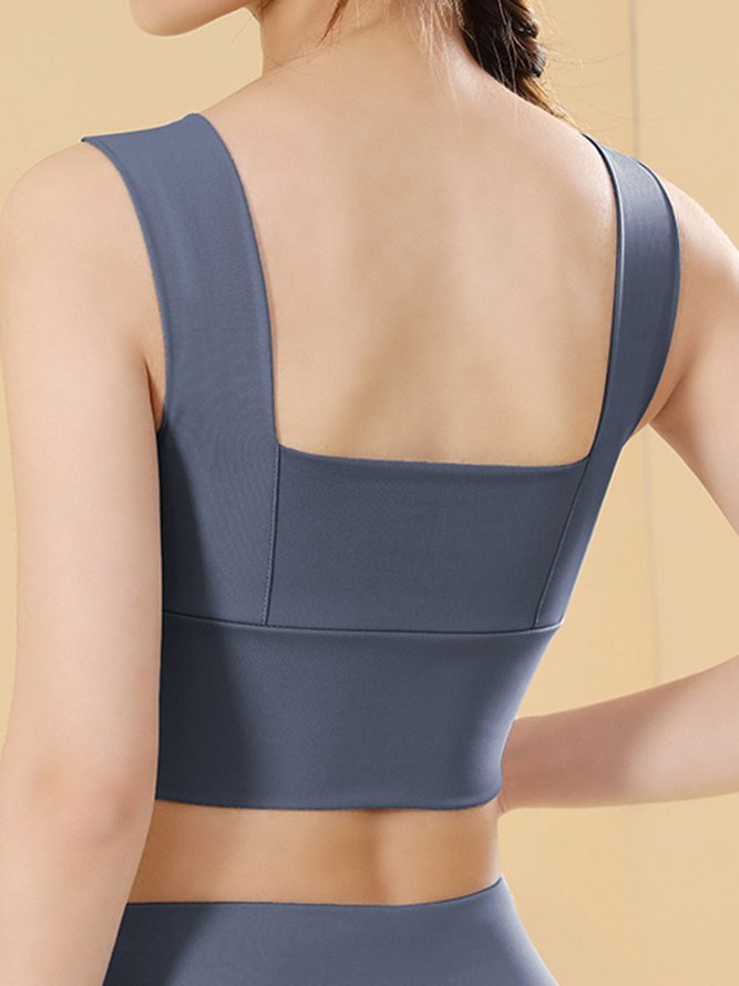Wide Shoulder Straps Push Up Neck Long Hem Sports Bra