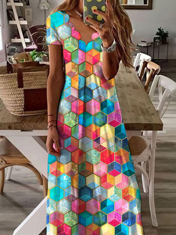 V Neck Geometric colorblock Casual Maxi Dress