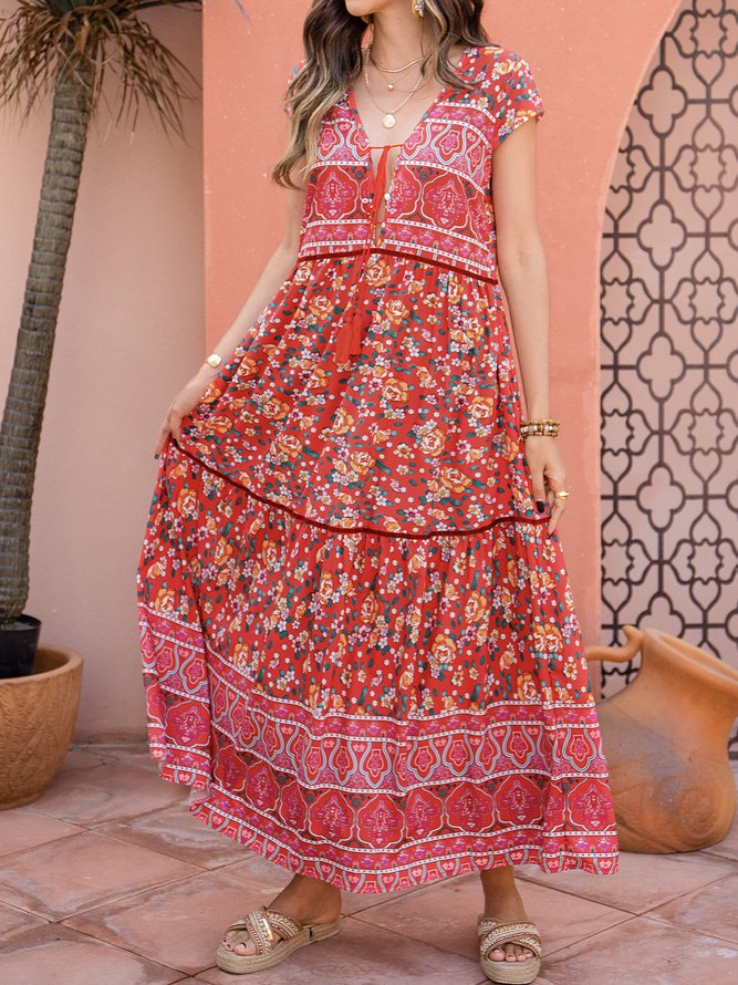 Ditsy Floral V Neck Boho Floral-Print Weaving Dress