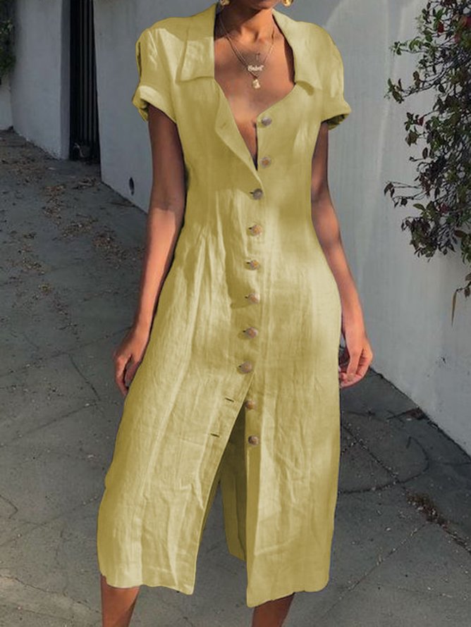 Linen Summer Buttoned Solid Maxi Shirt Dress
