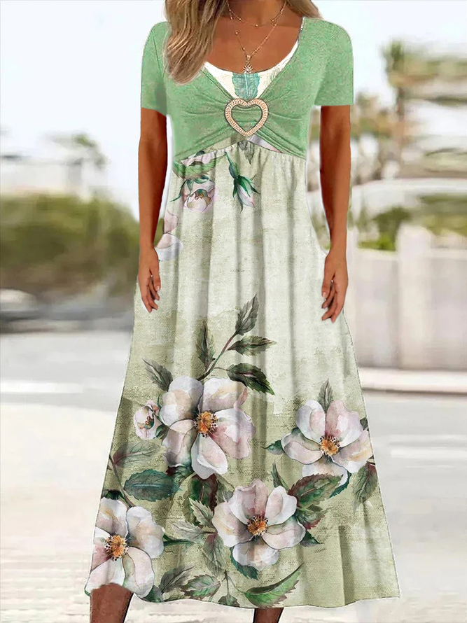 Floral V Neck Loose Elegant Dress