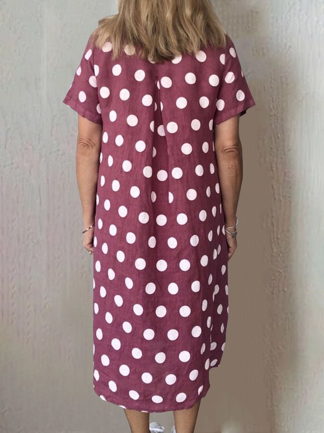 Women Polka Dots Pockets Casual Summer Weaving Smock Dress