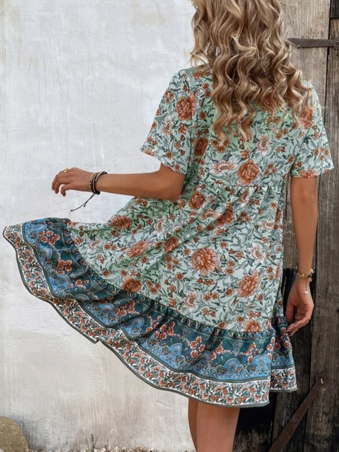 Floral Boho V Neck lightweight Smock Dress