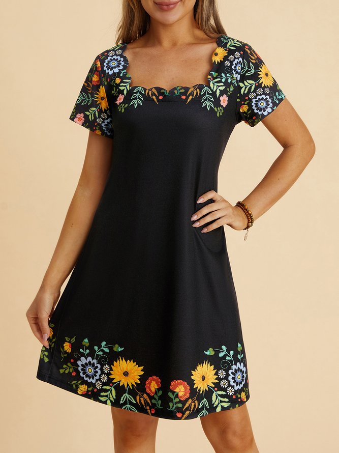 Holiday flower collar a-hem loose Satin Dress