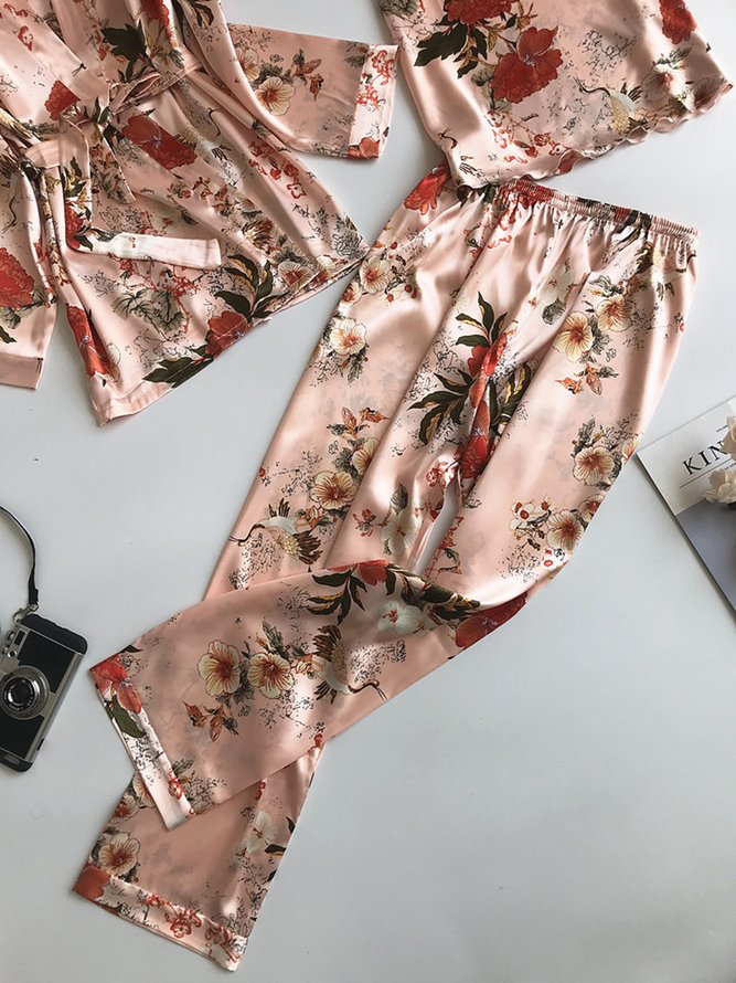 Floral Silk Fabric Long-Sleeve Jacket Camisole Trousers Pajamas Three-Piece Set