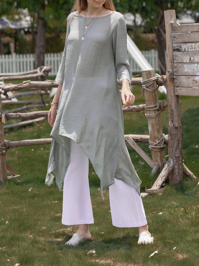 Women Summer Linen 3/4 Sleeve Daytime Crew Neck Asymmetric Dress