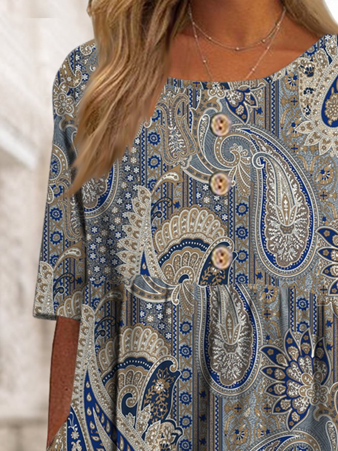 Loose half sleeve Paisley button up long Dress
