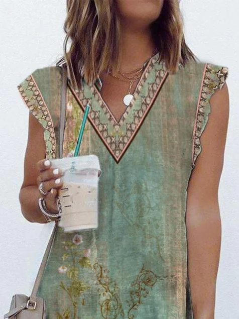 Ethnic V Neck Boho Loose Summer Dress