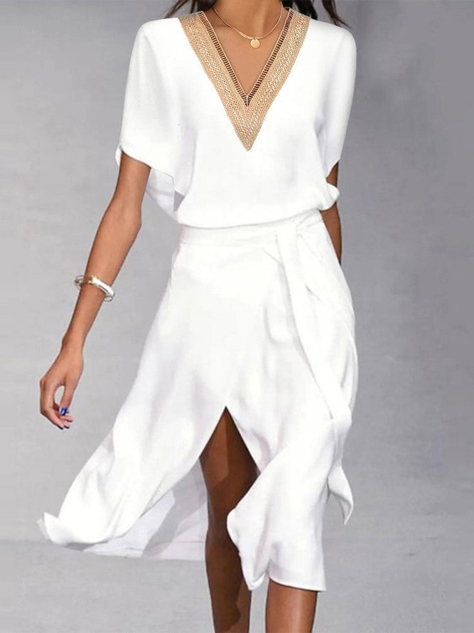 V Neck Street Regular Fit Color Block Dress