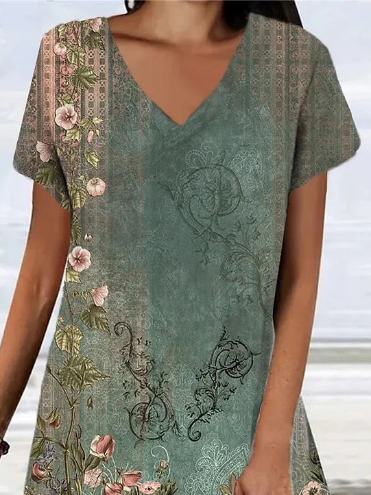 V Neck Ethnic Loose Vintage Summer Dress