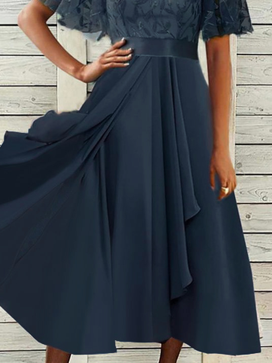 Crew Neck Flare Sleeve Lace Wedding Prom Dress