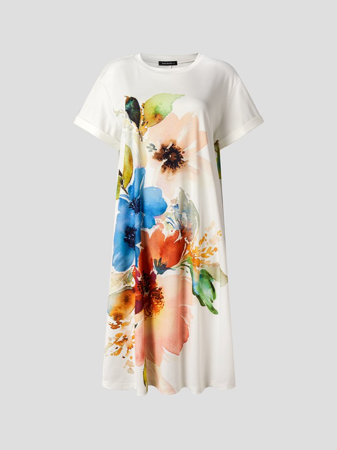 Crew Neck Floral Printed Casual Simple Midi Dresses