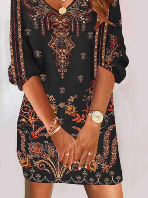 Casual Loose V Neck Ethnic Dress