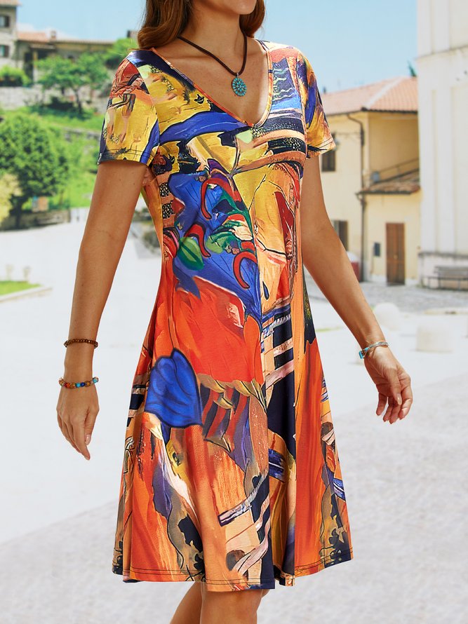 Boho Printed V Neck Floral Weaving Dress
