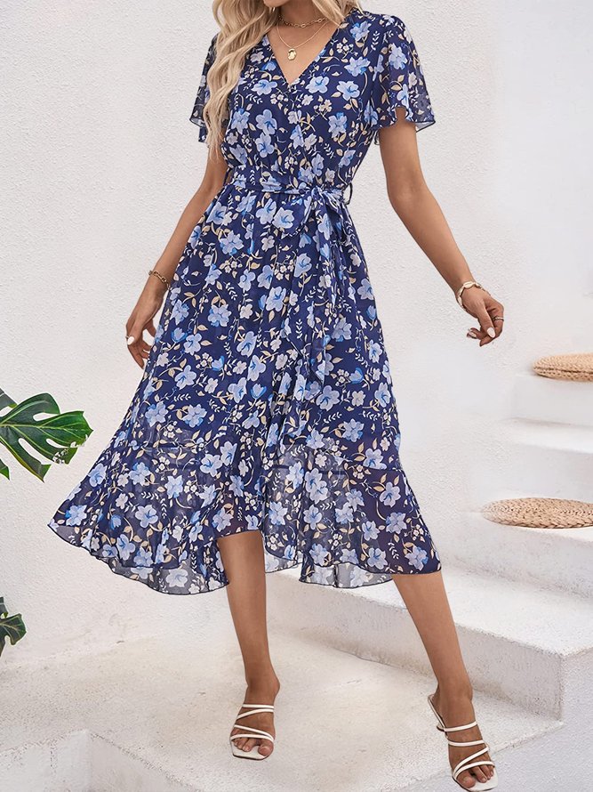 Vacation Floral Loose V Neck Dress