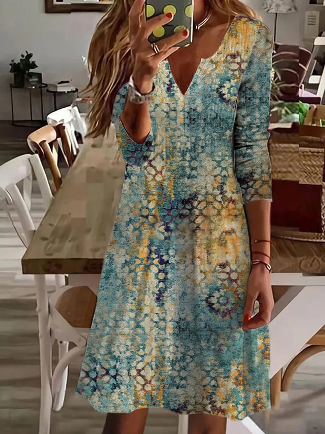 V Neck Ethnic Casual Midi Dresses