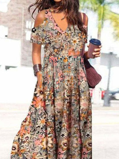 V Neck Floral Casual Midi Dresses