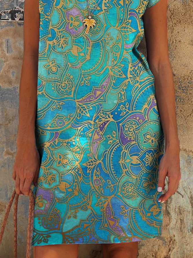 Summer Leisure Holiday Style Printing Paisley V Neck Short Sleeve Casual Weaving Dress