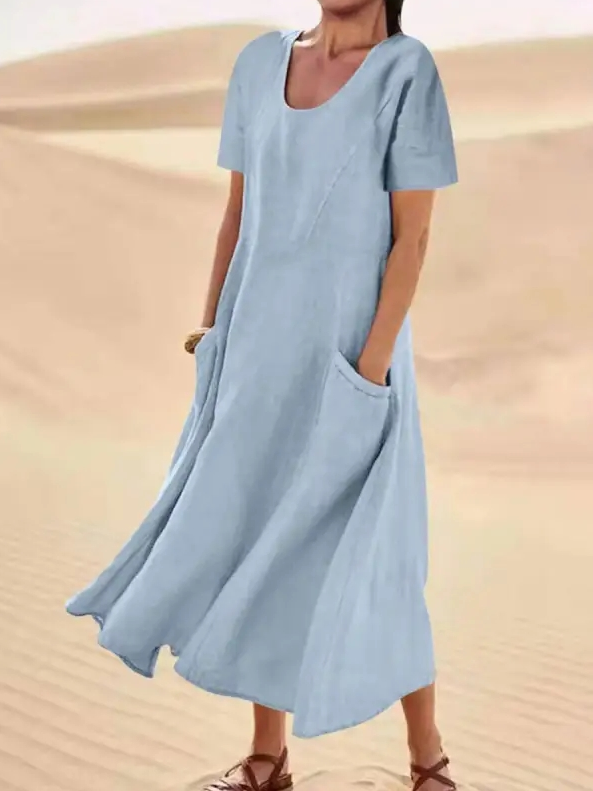 Crew Neck Linen Loose Plain Dress