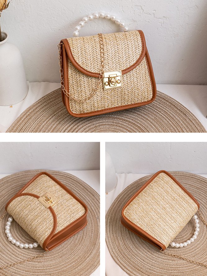 Casual Straw Pearl Beaded Messenger Bag Clutch Vacation Women