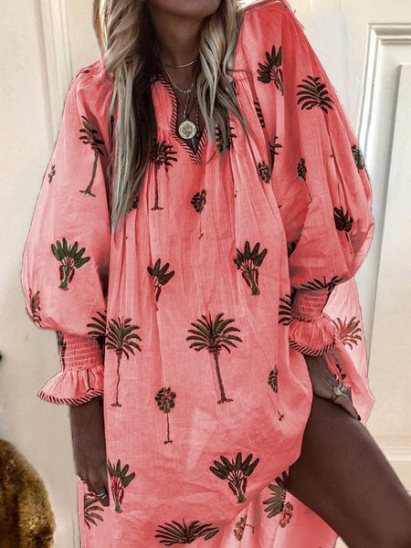 Women Casual Sundress Sexy V-neck Lantern Sleeve Floral Print Elegant Loose Bohemian Beach Dress