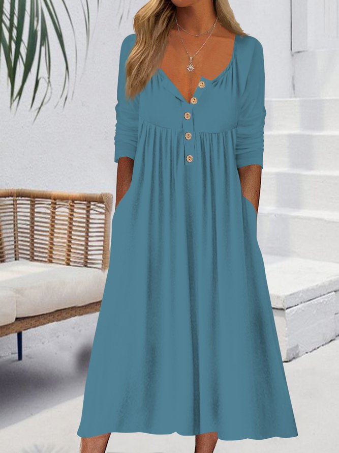Plain Simple Autumn Buttoned Natural Midi Half Open Collar Dress