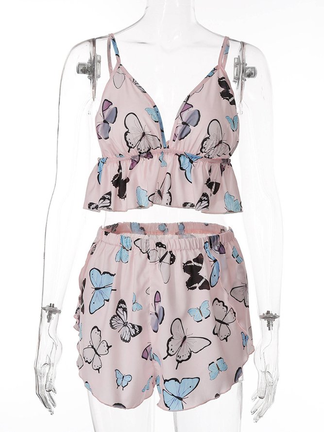 Sexy Deep V Butterfly Print Pajamas Camisole Shorts Casual Homewear Set