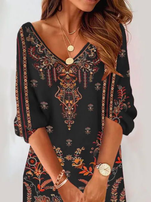 Casual Loose V Neck Ethnic Dress
