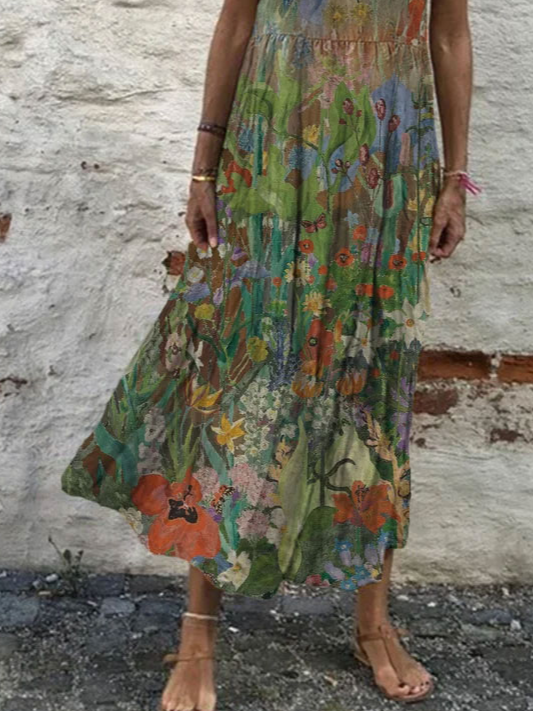 Round Neck Floral Vacation Midi Dress