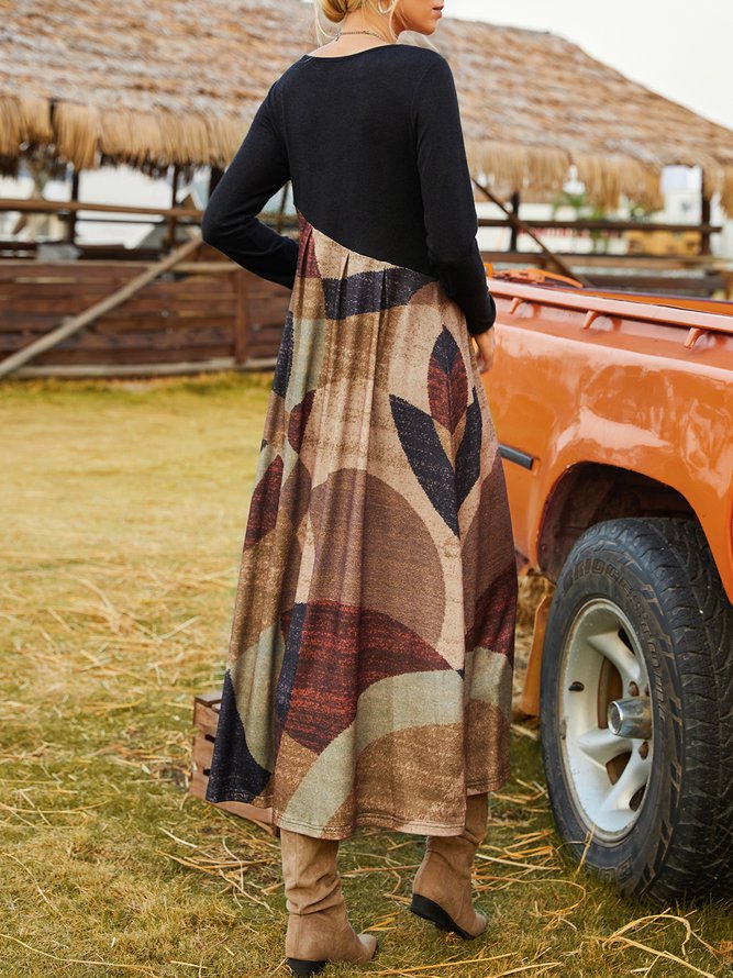 Colorblock Casual Crew Neck Dress