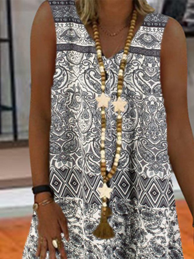 Casual Sleeveless V Neck Printed Weaving Dress