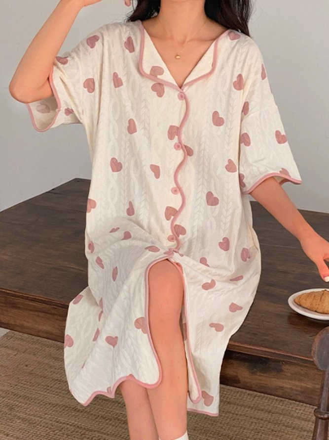 Breathable Comfortable Heart Print Texture Fabric V Neck Lapel Loose Nightdress