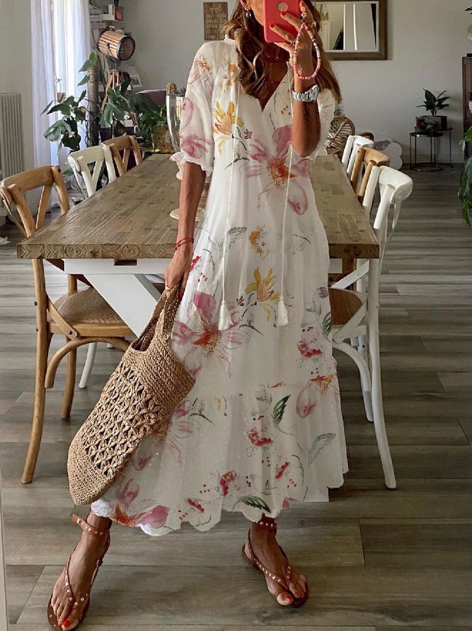 Women's Shift Dress Maxi Dress half Sleeve Floral Print Summer Fall V Neck Casual Dress
