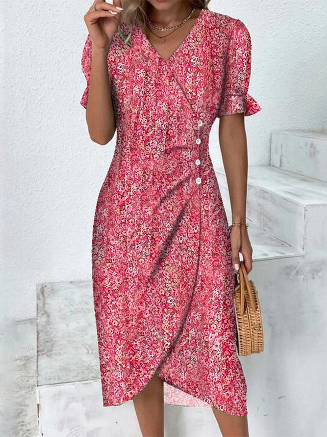 Ditsy Floral Flounce Sleeve Wrap Hem Dress