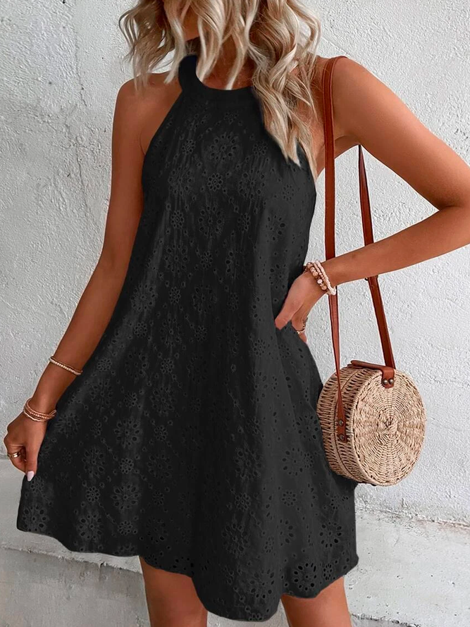 Eyelet Embroidery Keyhole Back Halter Neck Tunic Dress