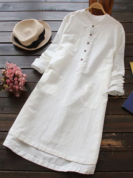 Shift Women Daytime Linen Long Sleeve Casual Buttoned Casual Dress