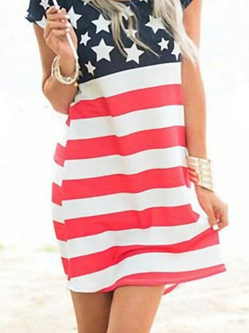 Flag Cotton-Blend Casual Short Sleeve Knitting Dress