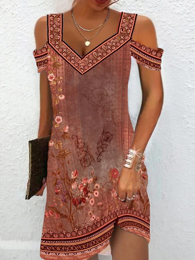 Green Floral V Neck Loose Casual Dress