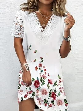 Vacation V Neck Loose Floral Dress