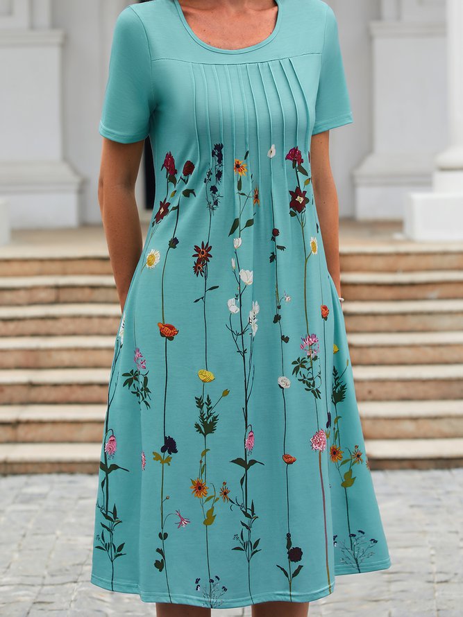 Floral Tunic Round Neckline Midi A-line Dress