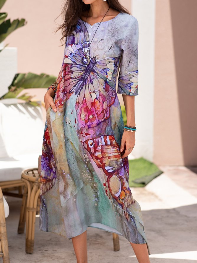 Round Neck Floral Vacation Midi Dress