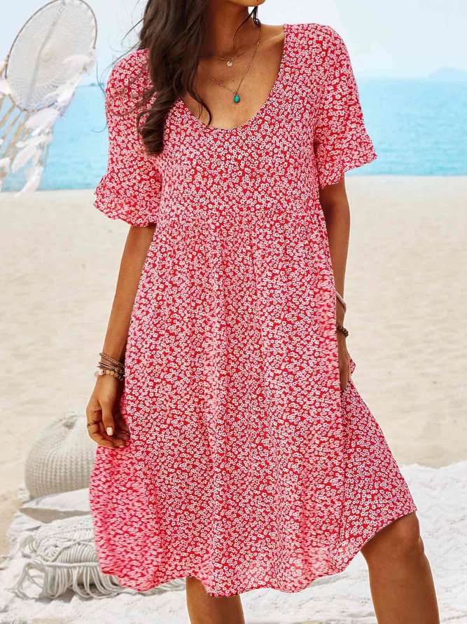 Ditsy Floral V Neck Beach Vacation Casual Mini Smock Dress