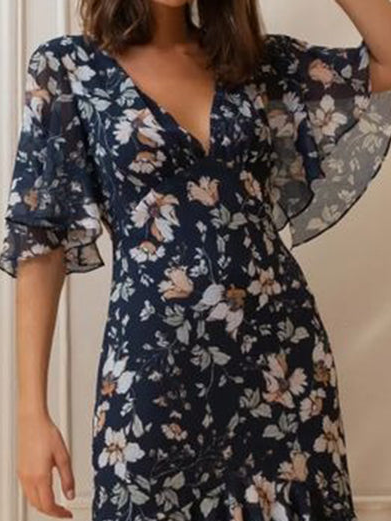 Ditsy Floral Elegant Chiffon Flare Sleeve Dress